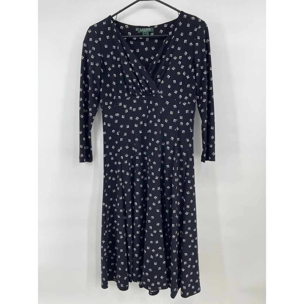Lauren Ralph Lauren Dress Women 6 Black Excellent Geometric Faux Wrap Midi